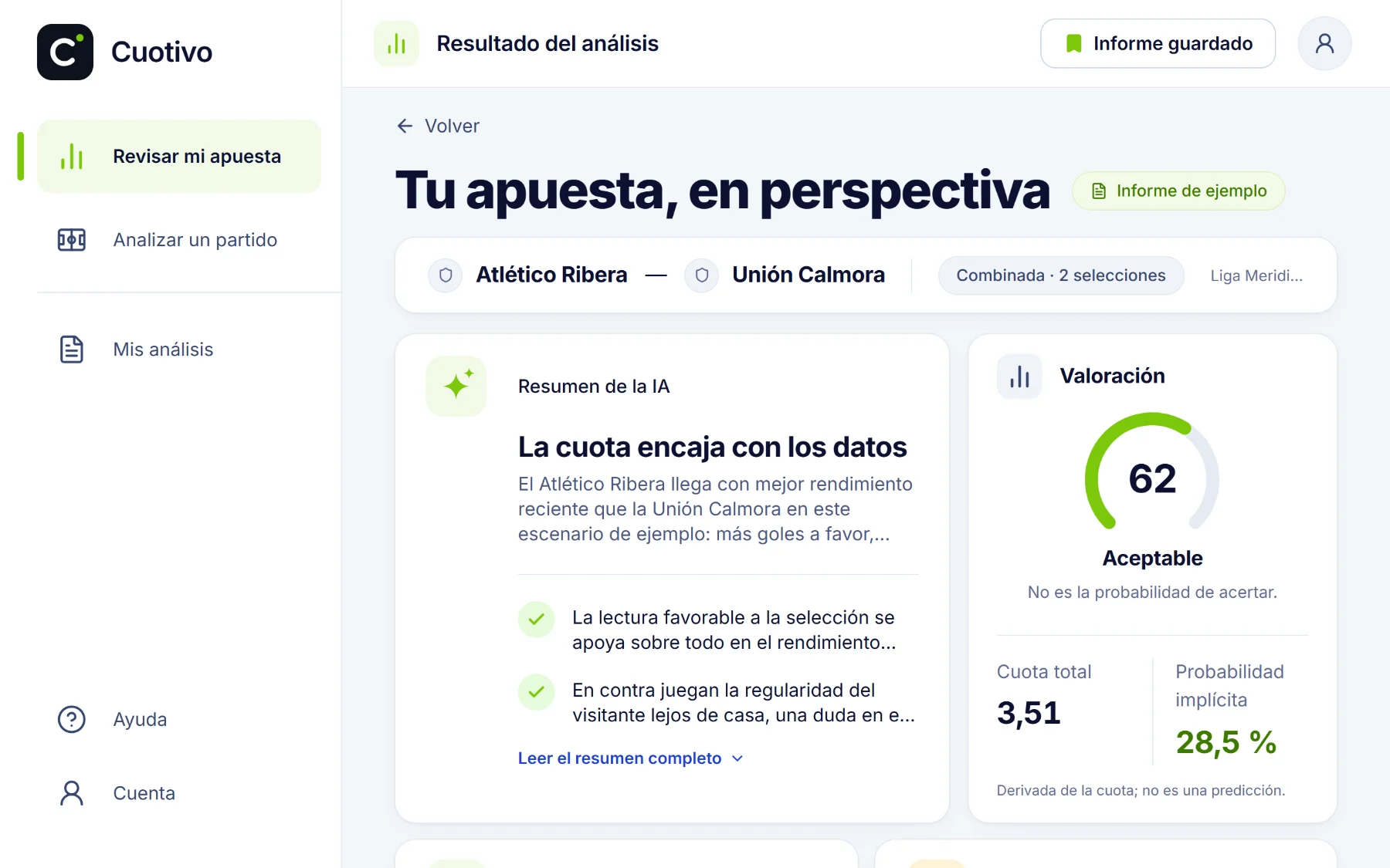 Informe de ejemplo en Cuotivo: resumen del análisis y valoración de una combinada.