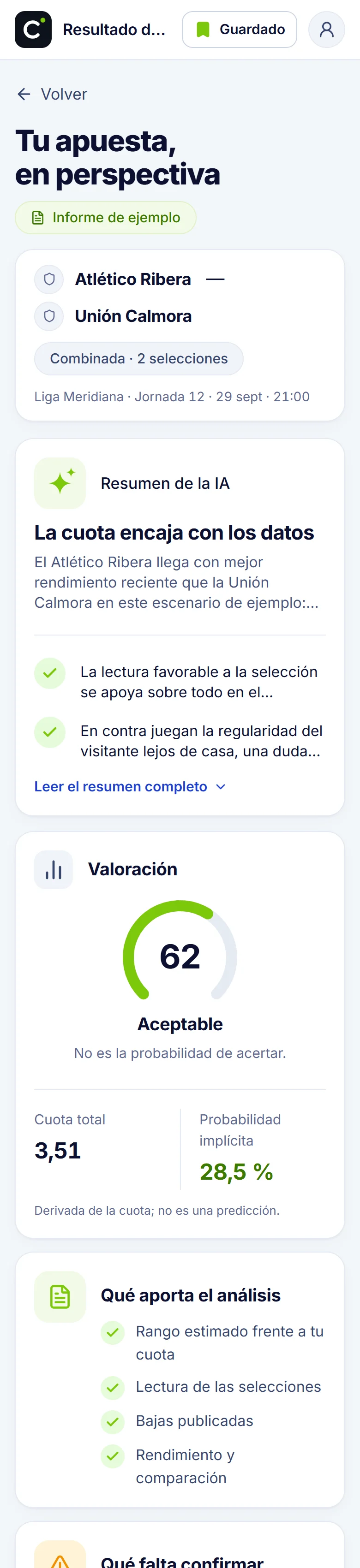 Informe de ejemplo en el móvil: resumen, valoración y lo que falta confirmar.